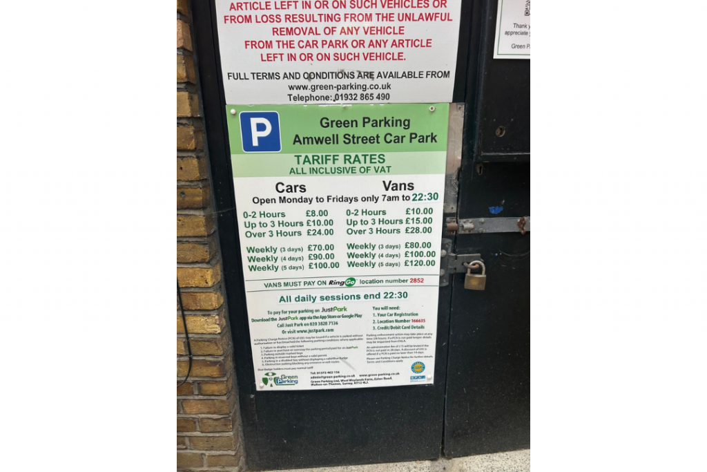 Amwell Street signage tariffs