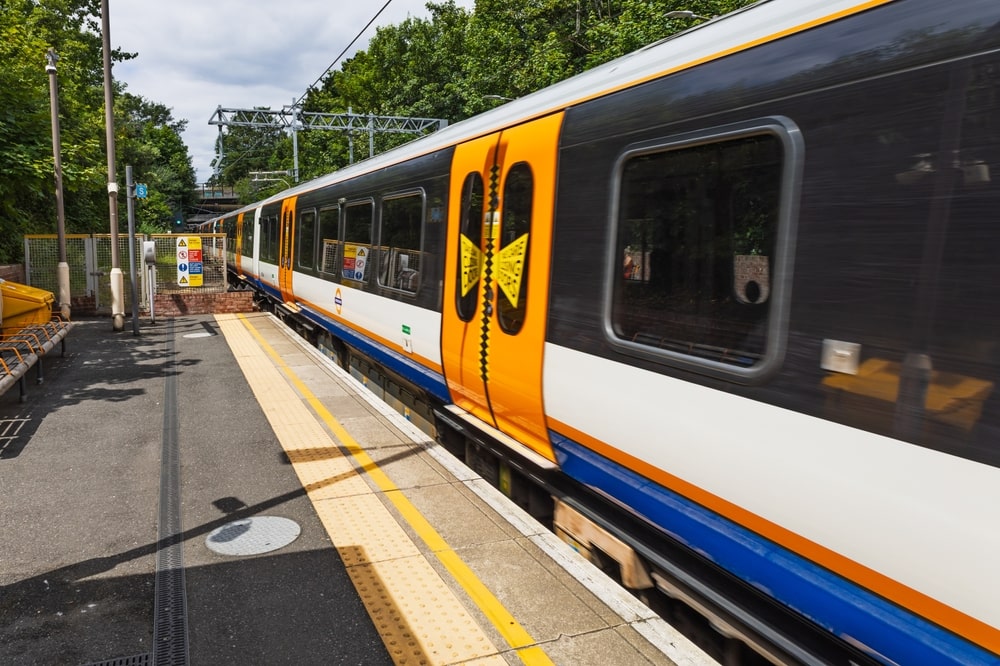 London overground train at suburban station