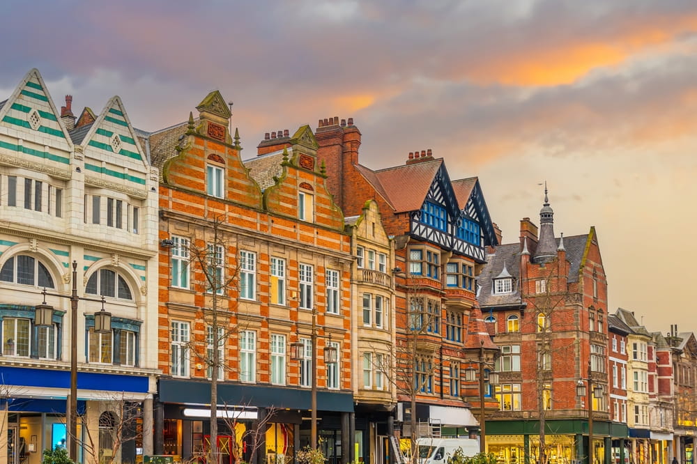 Downtown Nottingham city skyline at Old Market Square, cityscape of England at twilight