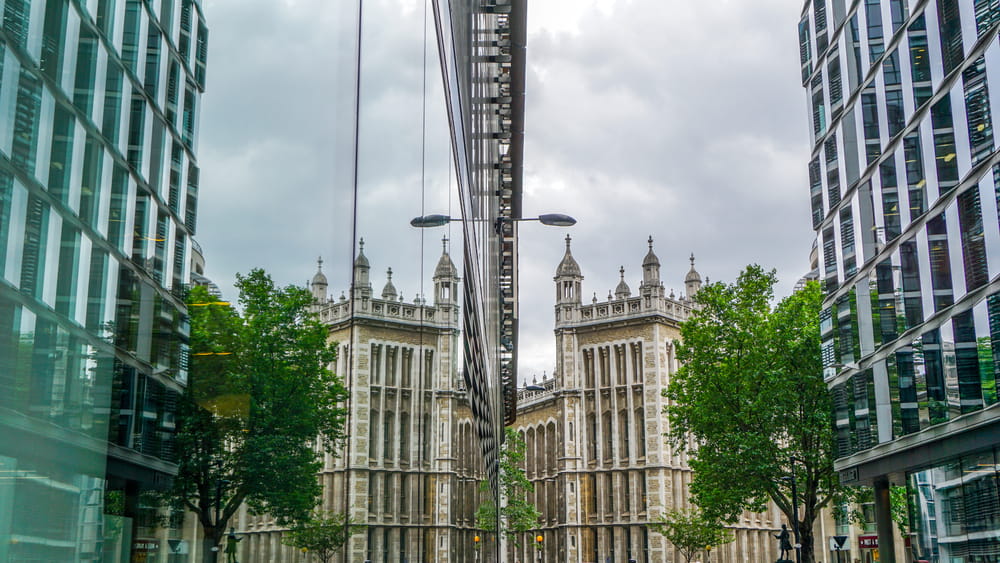 Reflection in buildings on Fetter Lane, London